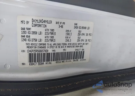 2006 Dodge Caravan Se из США, поврежденный, VIN 1D4GP25R56B657020